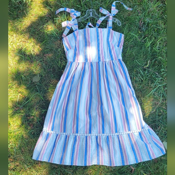 Shoshanna Demeri Striped Eyelet Dress in Rainbow Womens 12 Blue Pink white Midi - Picture 3 of 14